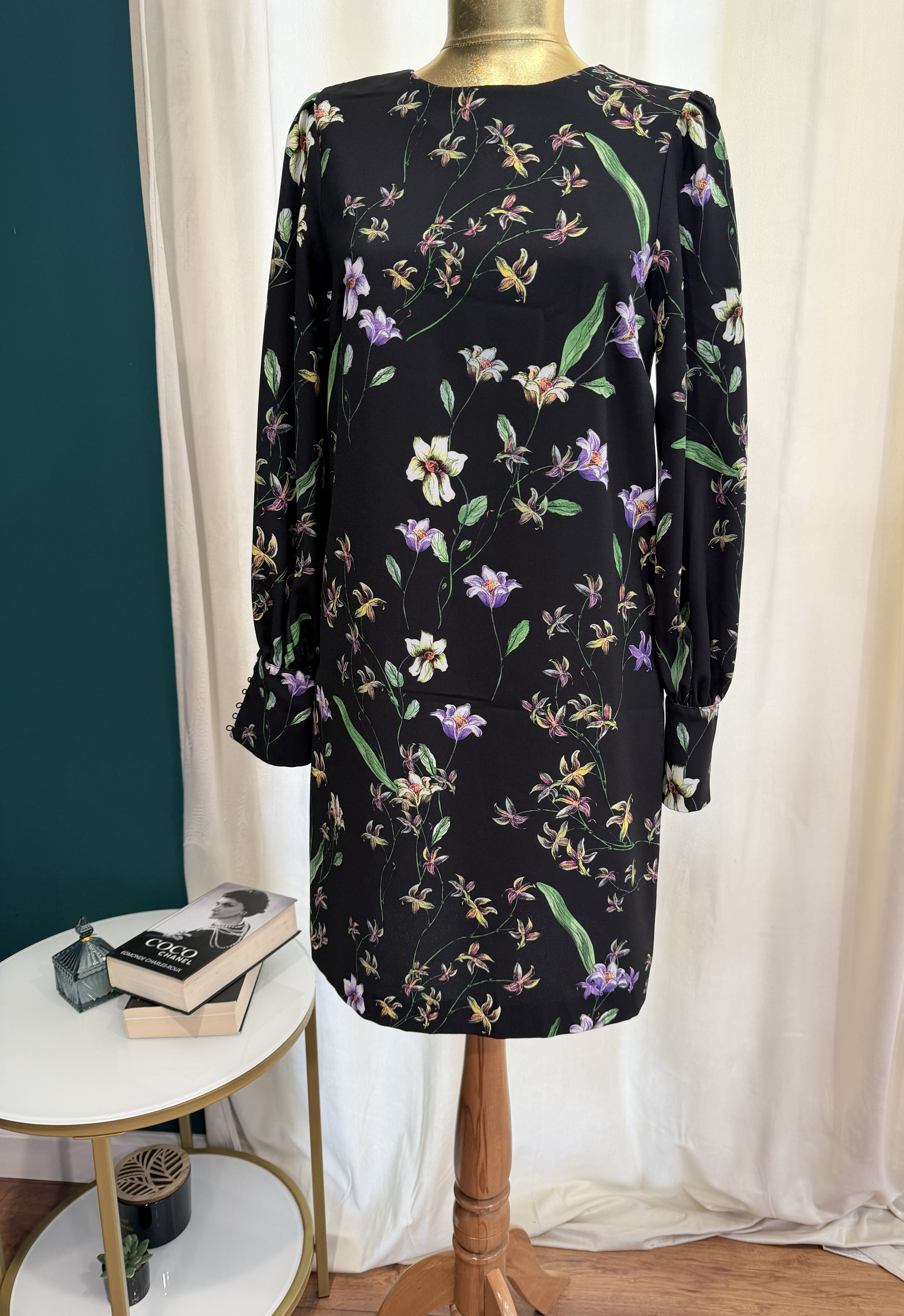 Rochie florală H&M, neagră, mâneci lungi