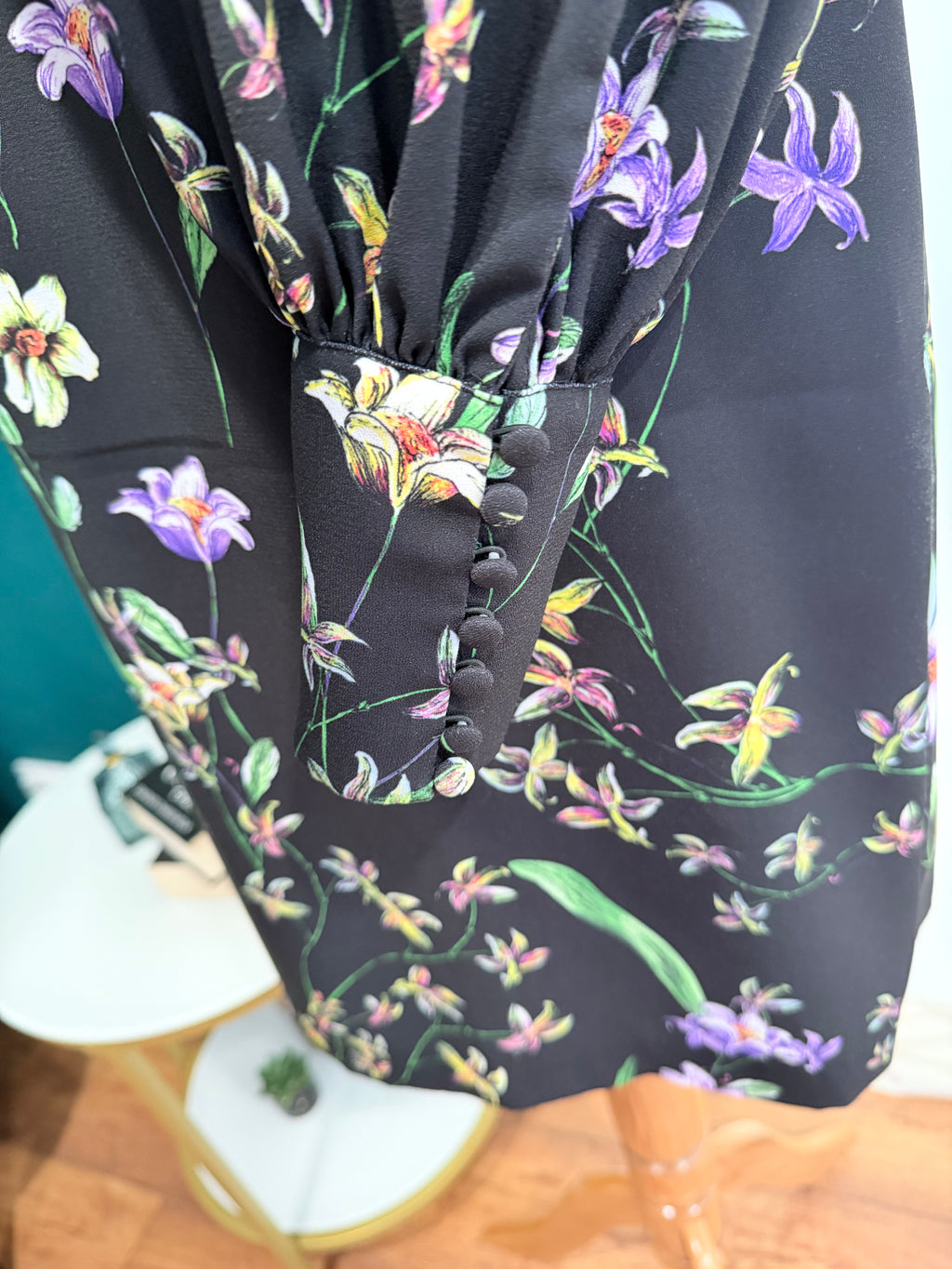 Rochie florală H&M, neagră, mâneci lungi