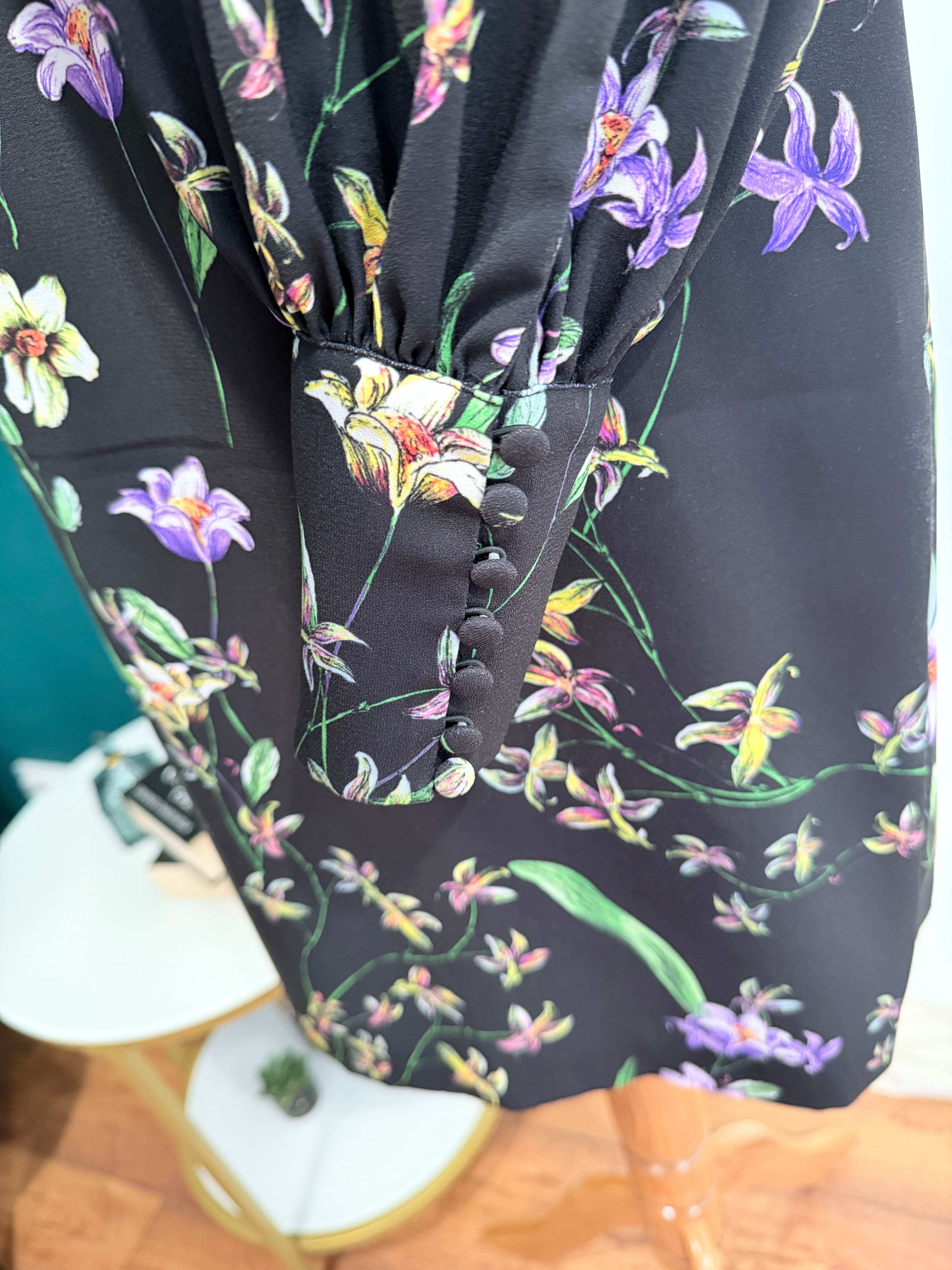 Rochie florală H&M, neagră, mâneci lungi