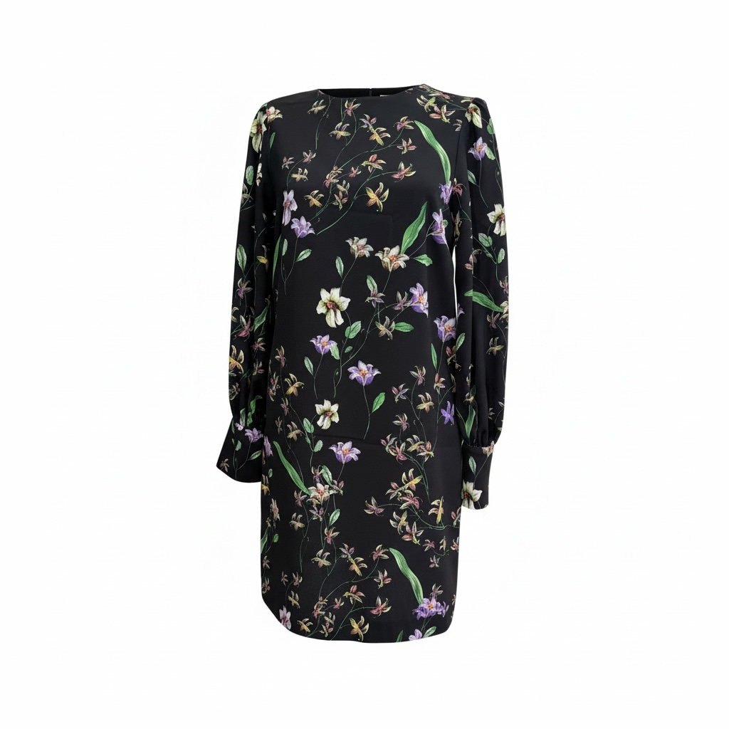 Rochie florală H&M, neagră, mâneci lungi