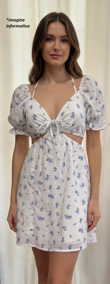 Rochie mini albă cu imprimeu floral albastru H&M